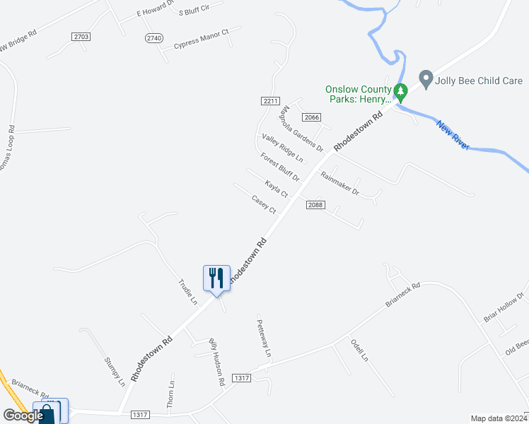 map of restaurants, bars, coffee shops, grocery stores, and more near 105 Casey Court in Jacksonville