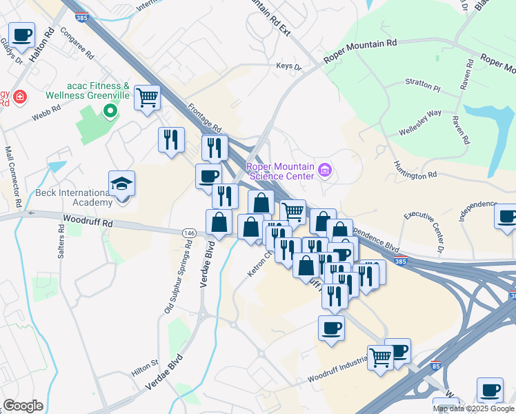 map of restaurants, bars, coffee shops, grocery stores, and more near 1011 Woodruff Road in Greenville