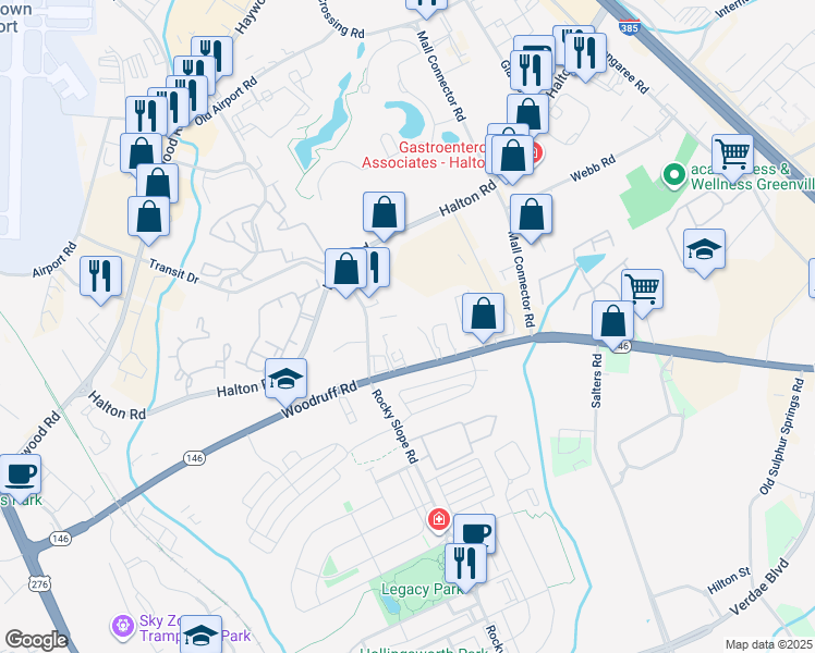 map of restaurants, bars, coffee shops, grocery stores, and more near 533 Woodruff Road in Greenville