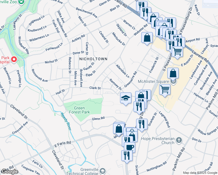 map of restaurants, bars, coffee shops, grocery stores, and more near 1803 Clark Street in Greenville
