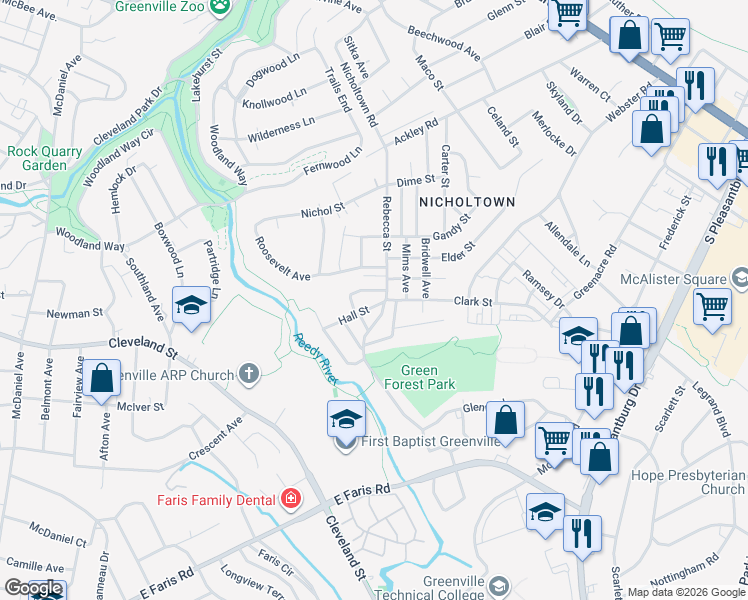 map of restaurants, bars, coffee shops, grocery stores, and more near 1 Alameda Street in Greenville