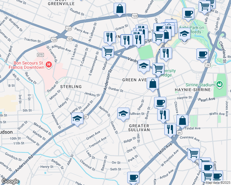 map of restaurants, bars, coffee shops, grocery stores, and more near 16 Jenkins Street in Greenville