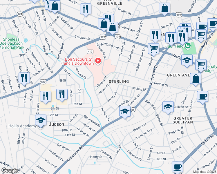 map of restaurants, bars, coffee shops, grocery stores, and more near 210 Minus Street in Greenville
