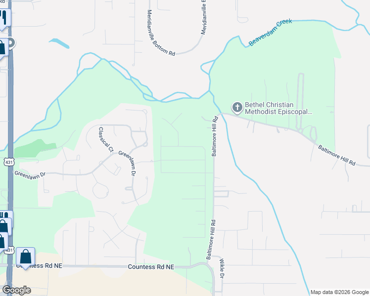 map of restaurants, bars, coffee shops, grocery stores, and more near 360 Baltimore Hill Road in Huntsville