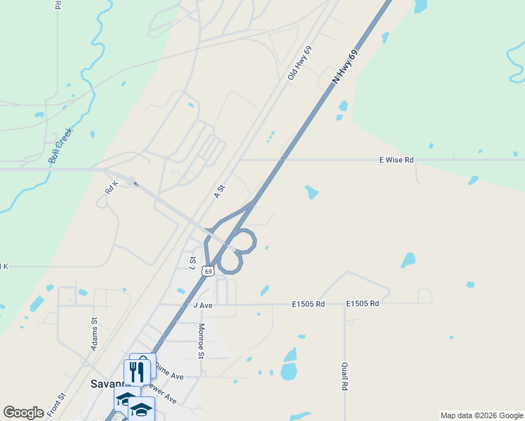 map of restaurants, bars, coffee shops, grocery stores, and more near 8675 U.S. Highway 69 in Savanna