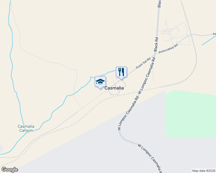 map of restaurants, bars, coffee shops, grocery stores, and more near 3451 Point Sal Road in Casmalia