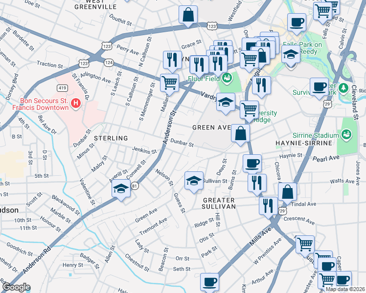 map of restaurants, bars, coffee shops, grocery stores, and more near 16 Jenkins Street in Greenville