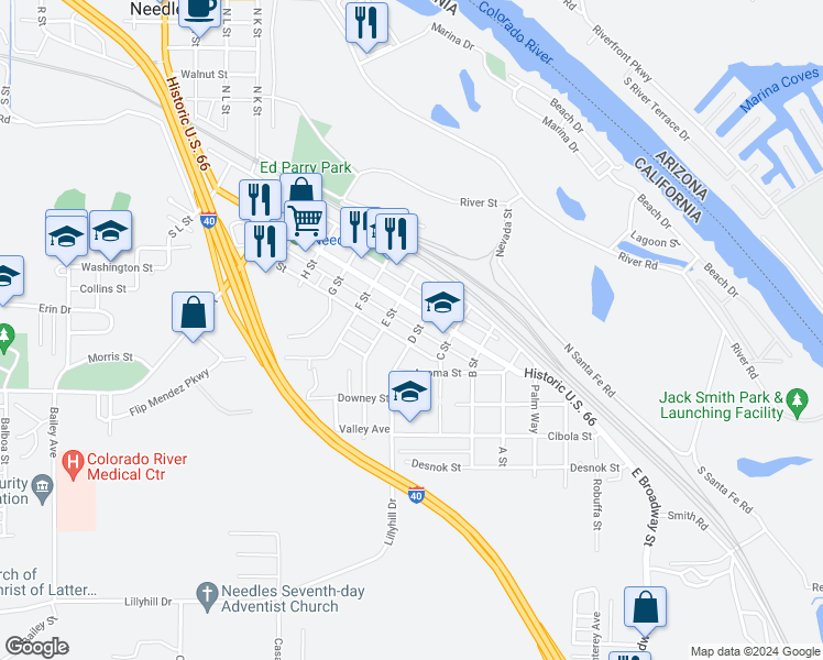 map of restaurants, bars, coffee shops, grocery stores, and more near 218 D Street in Needles