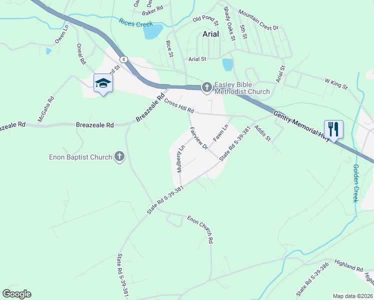 map of restaurants, bars, coffee shops, grocery stores, and more near 214 Mulberry Lane in Easley