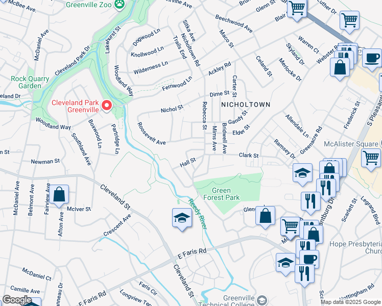map of restaurants, bars, coffee shops, grocery stores, and more near 16 Miller Street in Greenville
