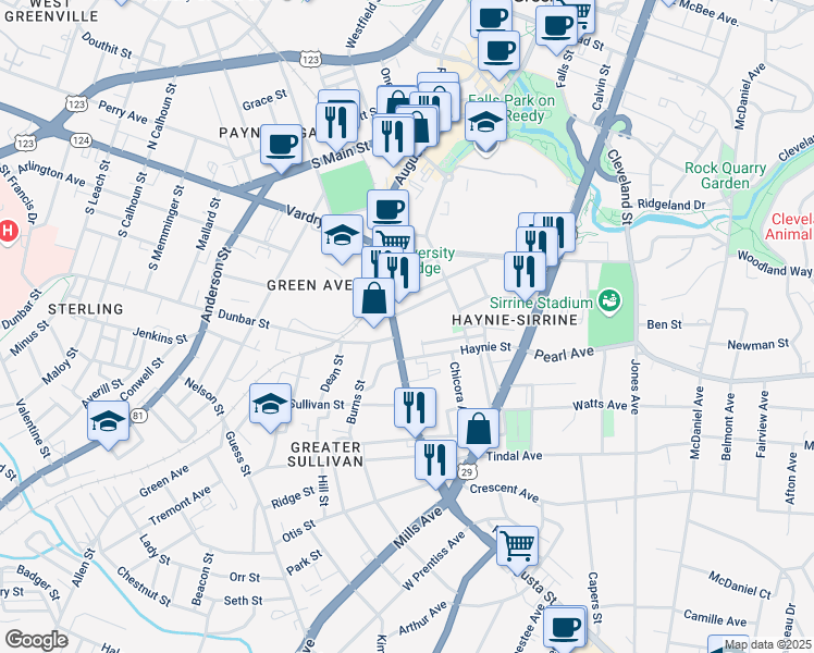map of restaurants, bars, coffee shops, grocery stores, and more near 7 Seawright Lane in Greenville