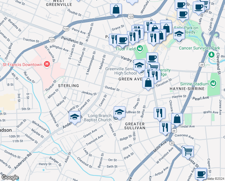 map of restaurants, bars, coffee shops, grocery stores, and more near 16 Jenkins Street in Greenville