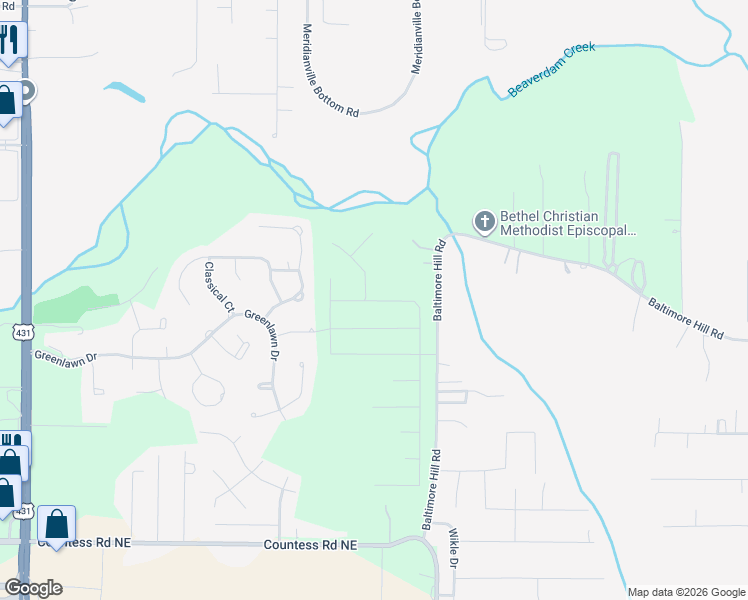 map of restaurants, bars, coffee shops, grocery stores, and more near 360 Baltimore Hill Road in Huntsville