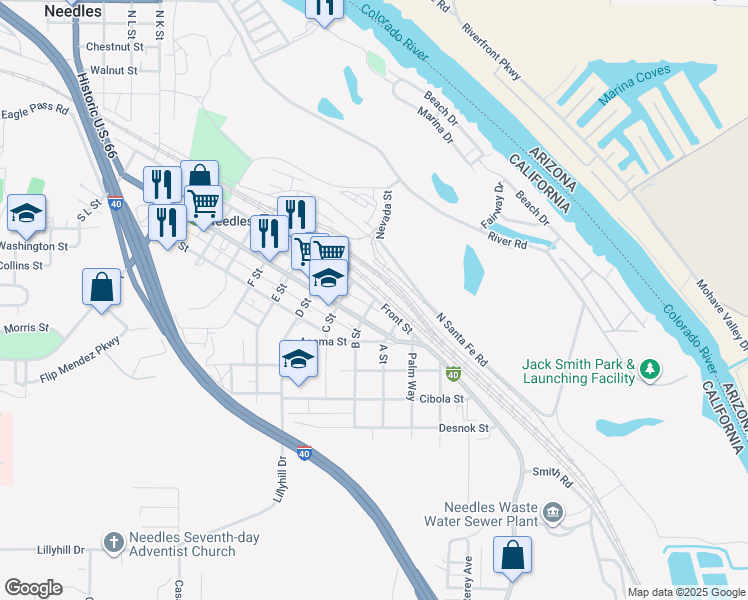map of restaurants, bars, coffee shops, grocery stores, and more near 108 B Street in Needles