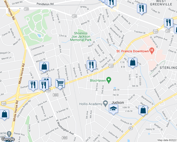map of restaurants, bars, coffee shops, grocery stores, and more near 4 West Avenue in Greenville