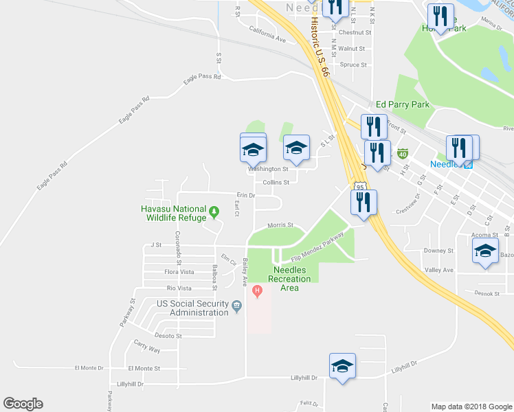 map of restaurants, bars, coffee shops, grocery stores, and more near 141 Erin Drive in Needles