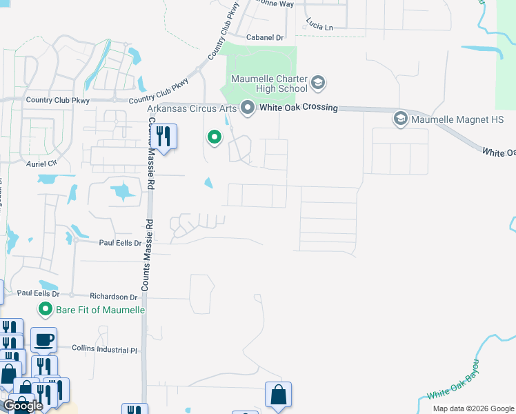 map of restaurants, bars, coffee shops, grocery stores, and more near 10605 Paul Eells Drive in North Little Rock