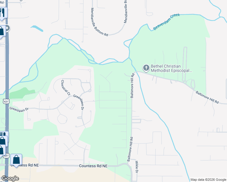 map of restaurants, bars, coffee shops, grocery stores, and more near 360 Baltimore Hill Road in Huntsville
