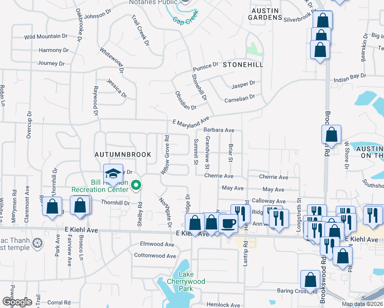 map of restaurants, bars, coffee shops, grocery stores, and more near 503 Summit Street in Sherwood
