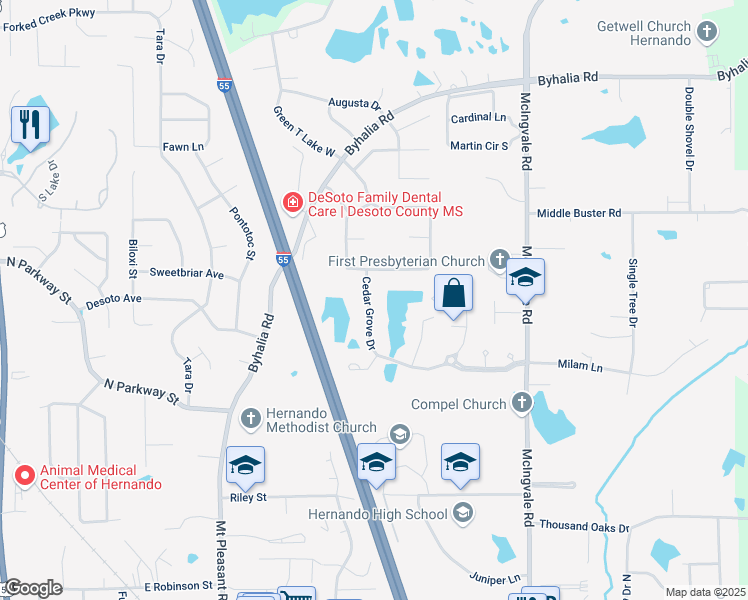 map of restaurants, bars, coffee shops, grocery stores, and more near 1625 Cedar Grove Drive in Hernando