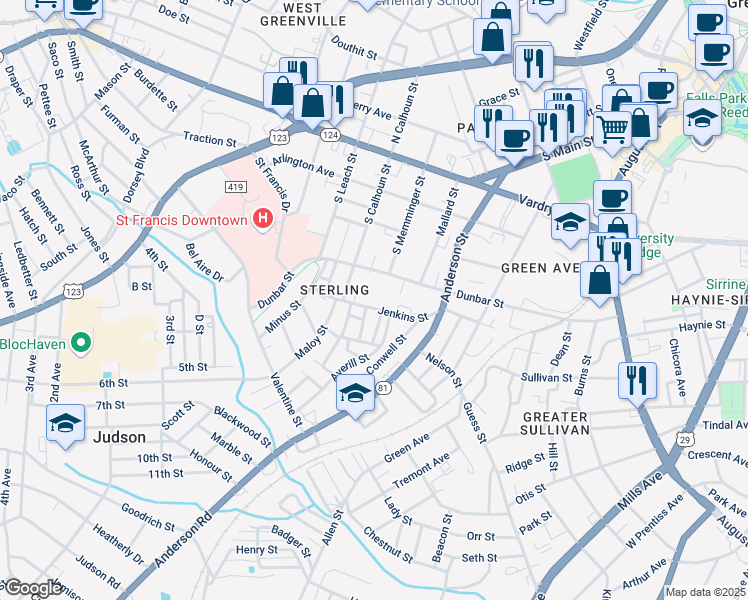 map of restaurants, bars, coffee shops, grocery stores, and more near 2 Averill Street in Greenville