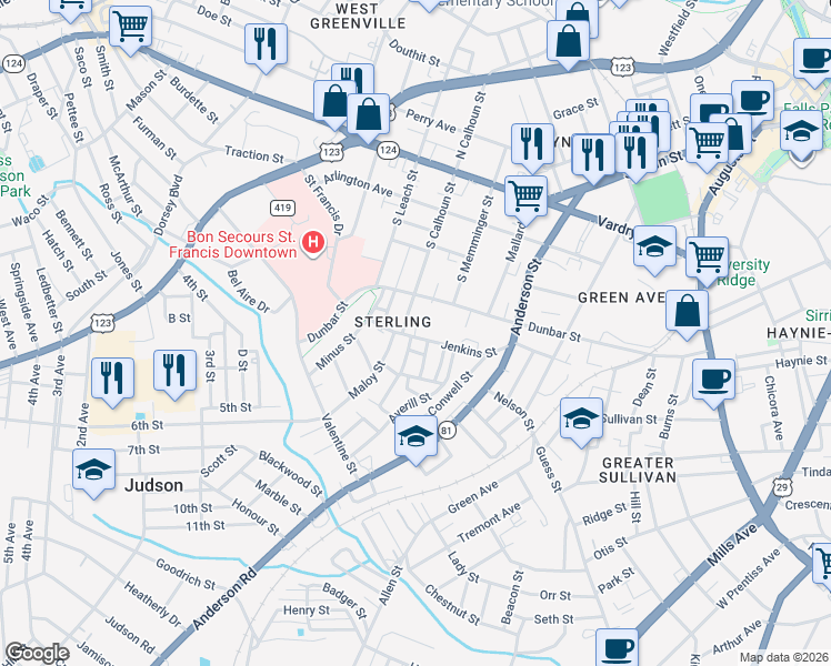 map of restaurants, bars, coffee shops, grocery stores, and more near 10 Young Street in Greenville