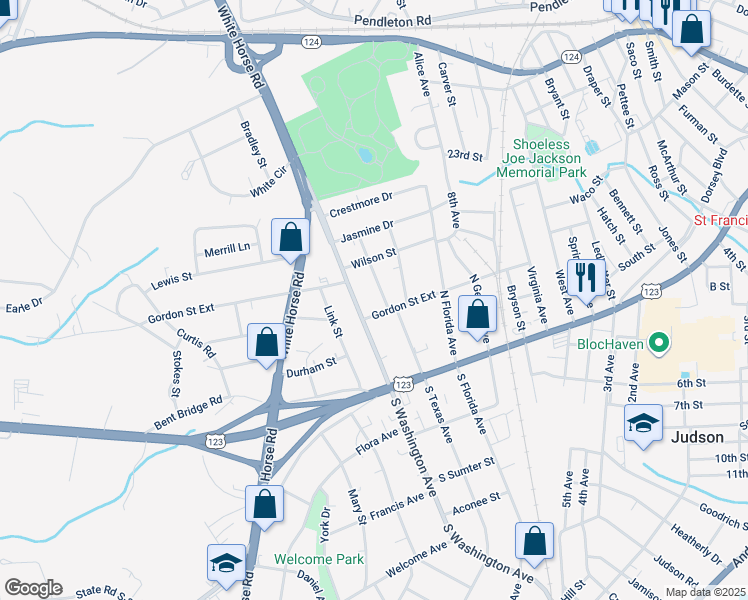 map of restaurants, bars, coffee shops, grocery stores, and more near 508 Gordon Street Extension in Greenville
