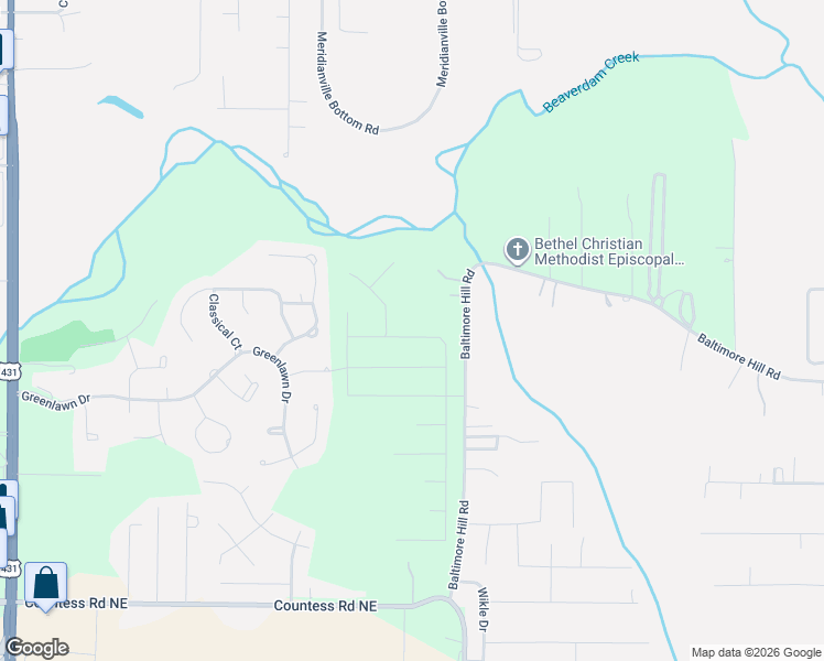map of restaurants, bars, coffee shops, grocery stores, and more near 360 Baltimore Hill Road in Huntsville