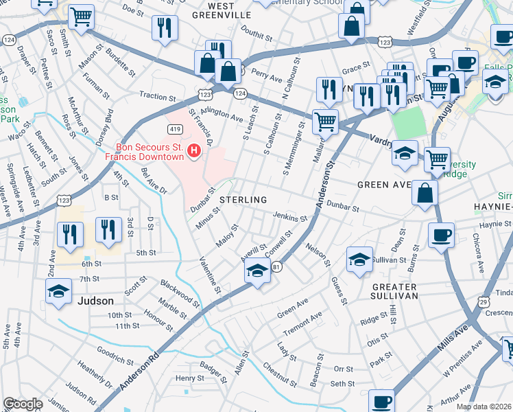 map of restaurants, bars, coffee shops, grocery stores, and more near 10 Young Street in Greenville