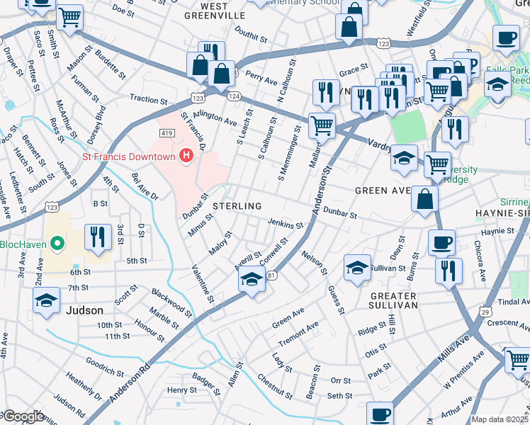 map of restaurants, bars, coffee shops, grocery stores, and more near 2 Averill Street in Greenville