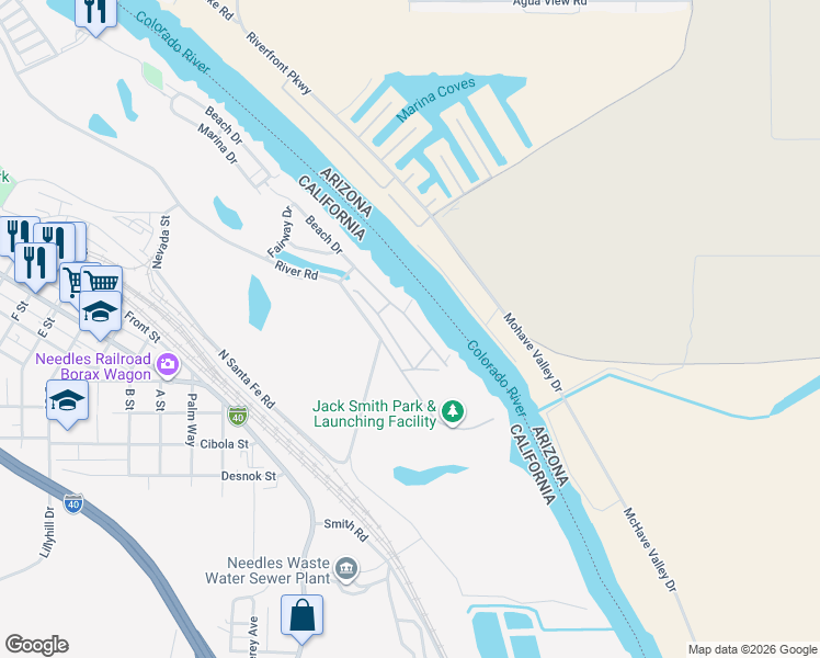 map of restaurants, bars, coffee shops, grocery stores, and more near 575 Beach Drive in Needles