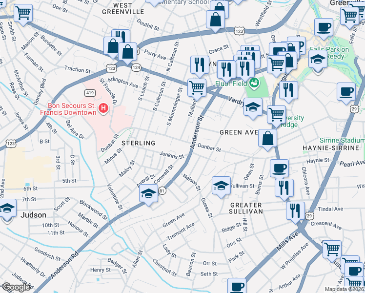 map of restaurants, bars, coffee shops, grocery stores, and more near 400 Jenkins Street in Greenville