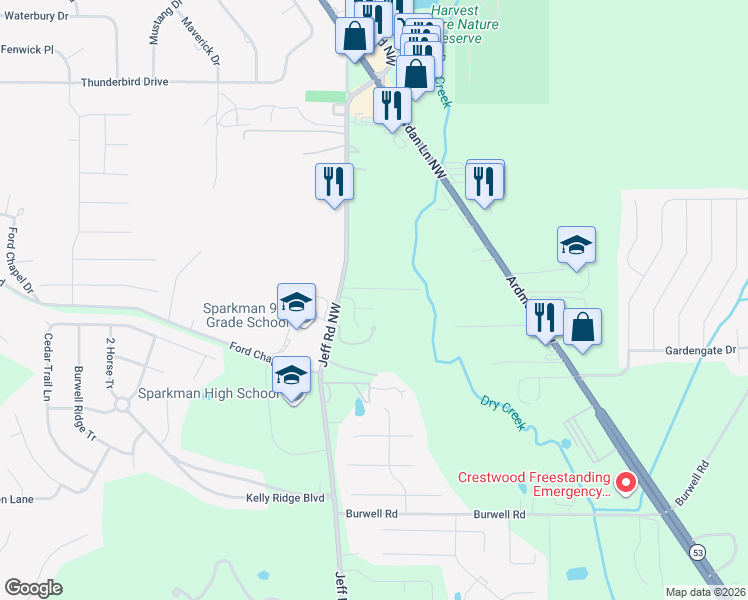 map of restaurants, bars, coffee shops, grocery stores, and more near 2733 Jeff Road Northwest in Harvest