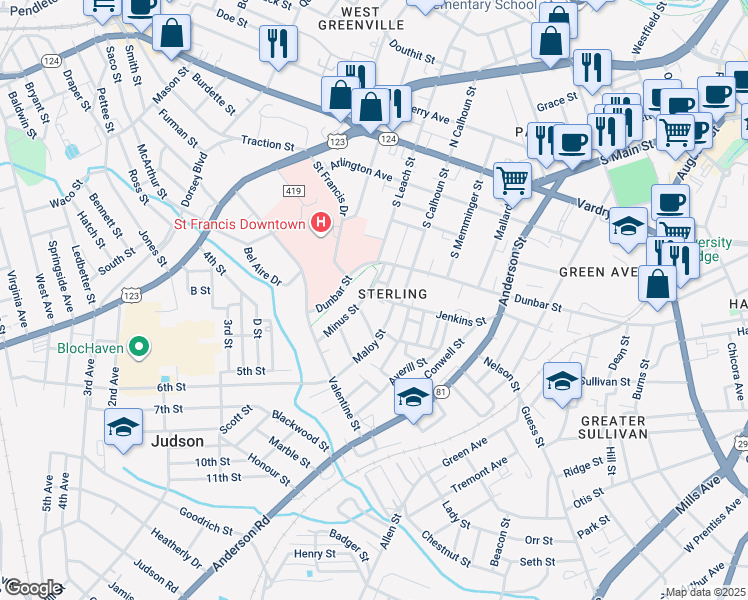 map of restaurants, bars, coffee shops, grocery stores, and more near 113 Minus Street in Greenville