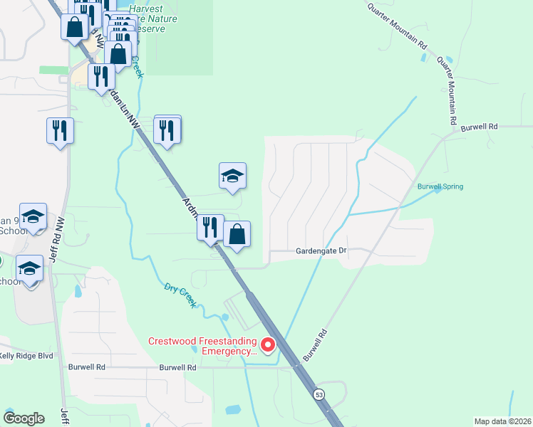 map of restaurants, bars, coffee shops, grocery stores, and more near 265 Fenrose Drive in Harvest