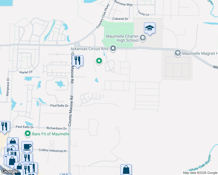 map of restaurants, bars, coffee shops, grocery stores, and more near 10625 Paul Eells Drive in North Little Rock