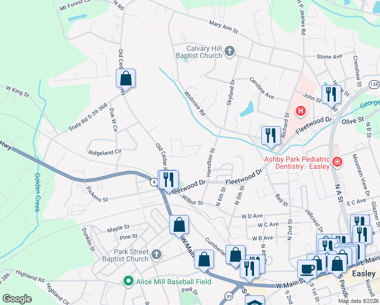 map of restaurants, bars, coffee shops, grocery stores, and more near 205 Hamilton Street in Easley