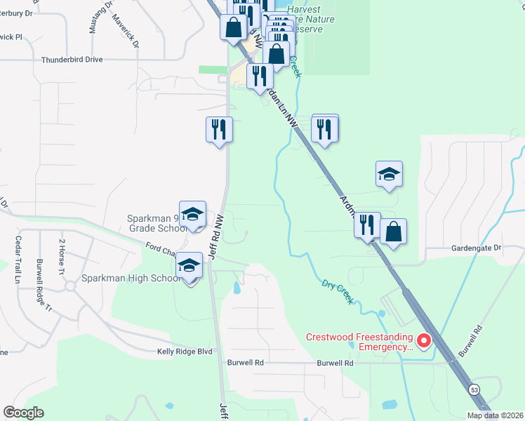 map of restaurants, bars, coffee shops, grocery stores, and more near 2733 Jeff Road Northwest in Harvest