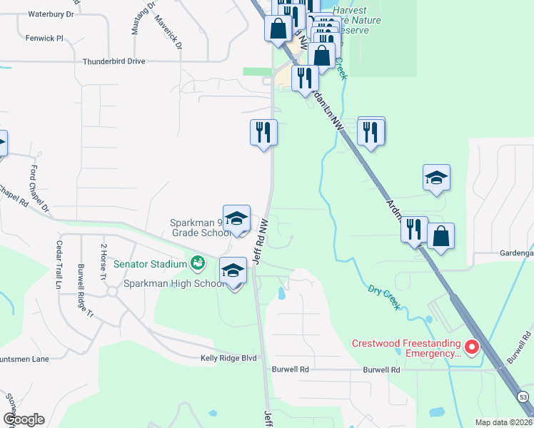 map of restaurants, bars, coffee shops, grocery stores, and more near 2699 Jeff Road Northwest in Harvest