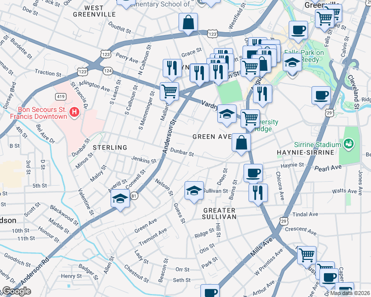 map of restaurants, bars, coffee shops, grocery stores, and more near 403 Ansel Street in Greenville