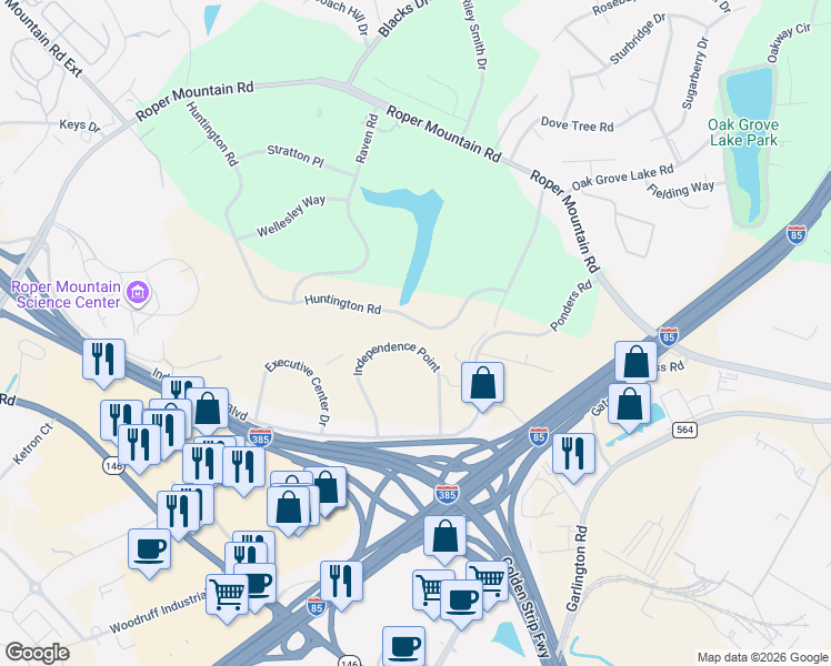 map of restaurants, bars, coffee shops, grocery stores, and more near 513 Huntington Road in Greenville