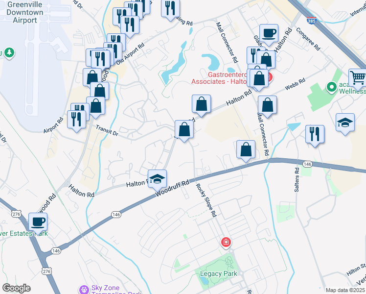 map of restaurants, bars, coffee shops, grocery stores, and more near 29 Rocky Slope Road in Greenville