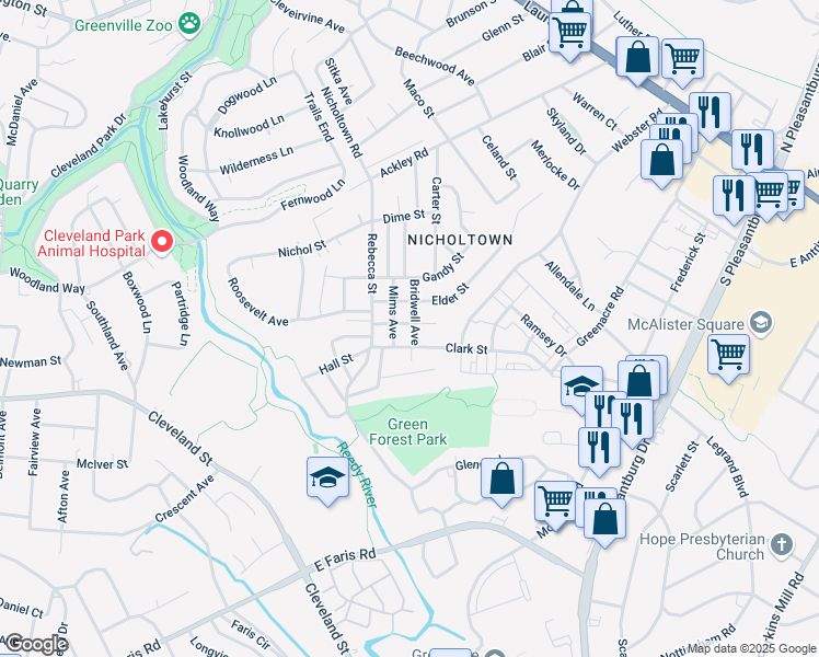 map of restaurants, bars, coffee shops, grocery stores, and more near 14 Bridwell Avenue in Greenville