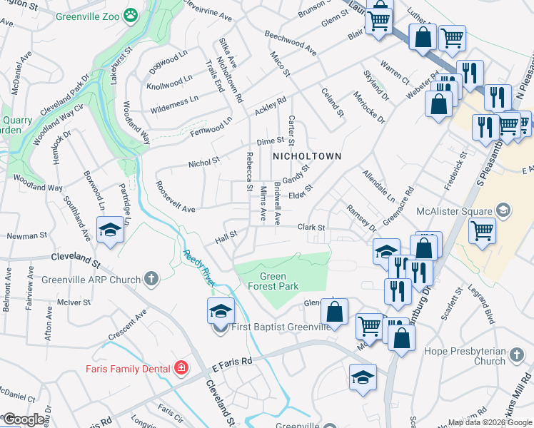 map of restaurants, bars, coffee shops, grocery stores, and more near 14 Bridwell Avenue in Greenville