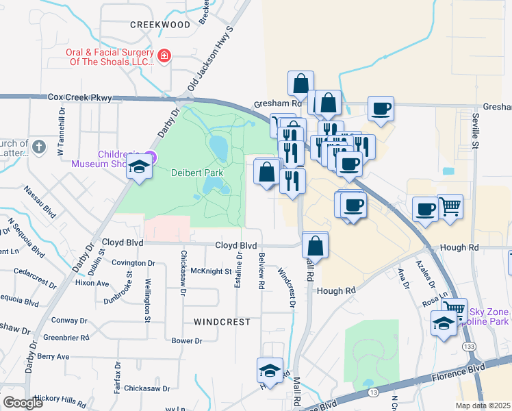 map of restaurants, bars, coffee shops, grocery stores, and more near Belview Road in Florence