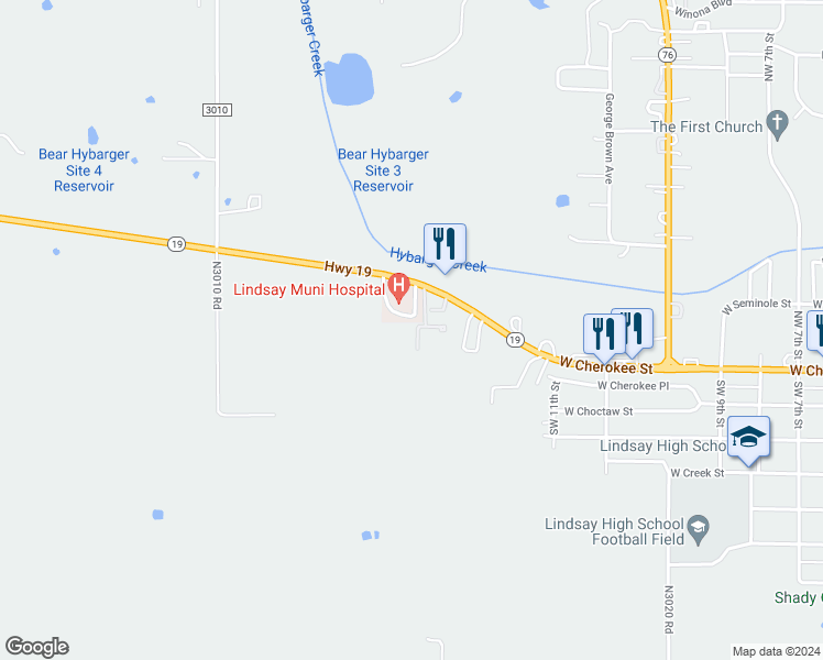 map of restaurants, bars, coffee shops, grocery stores, and more near 1305 West Cherokee Street in Lindsay