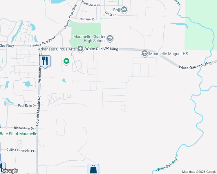 map of restaurants, bars, coffee shops, grocery stores, and more near Fitzgerald Lane in North Little Rock
