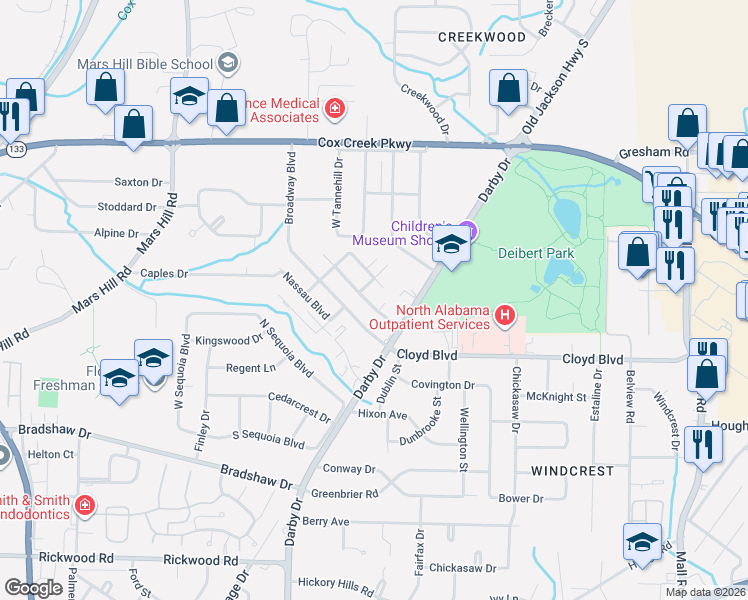 map of restaurants, bars, coffee shops, grocery stores, and more near 1701 Northern Boulevard in Florence