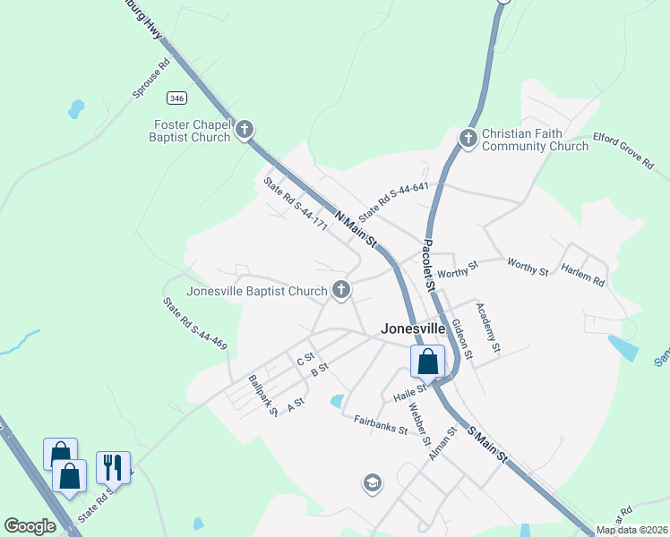 map of restaurants, bars, coffee shops, grocery stores, and more near 255 Harris Street in Jonesville