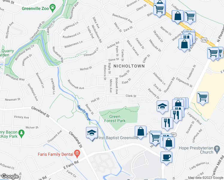 map of restaurants, bars, coffee shops, grocery stores, and more near 14 Bridwell Avenue in Greenville